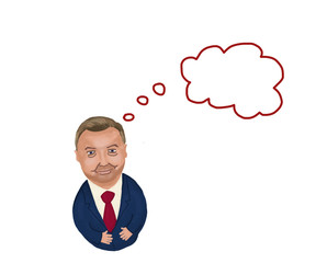 Illustration of a pensive man in a suit and red tie with a cloud of thoughts