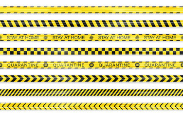 Realistic black and yellow seamless Covid-19 warning stripe lines isolated. Stop, Police, Warning, Danger, Quarantine, Under Construction, Do not cross concept. Crime isolation border tapes. Vector