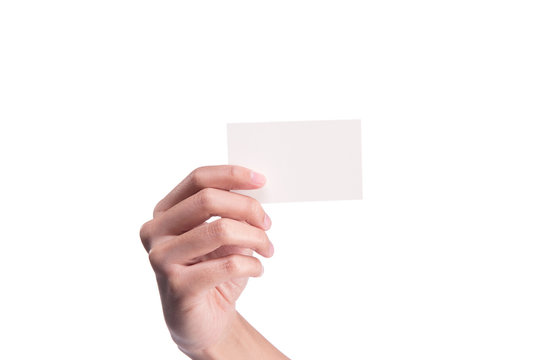 Hand Hold Blank White Card Mock-up. SIM Cellular Plastic NFC Smart Tag Call-card Mock Up Template. Credit Namecard or Transport Ticket. Christmas Store Discount Loyalty Gift. Copy space.