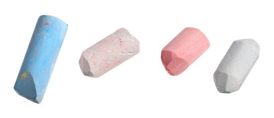 Colorful chalks, set and collection with clipping path isolated on white background