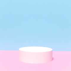 White podium stage backdrop on blue and pink two tone background for product display stand or used in other designs 3d rendering. 3d illustration template minimal beauty style concept.