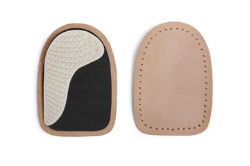Orthopedic silicone heel pad from corns for the correction of different lengths of legs isolated on white background. Silicone insert for the forefoot. Insole. Silicone thumb protector with interdigit