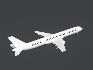 Airplane isolated on gray background 3D Rendering. 3d illustration High detailed white airliner take off on dark background. Airline concept travel passenger plane. Jet commercial airplane.