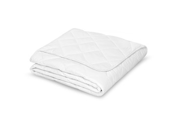 Folded soft white blanket, bedspread or duvet for a comfortable sleep. White blanket folded on a white background. Fabric structure. 3D blanket model. Comfortable sleep. Close up photo