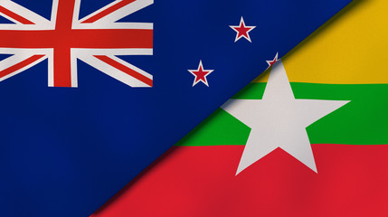 The flags of New Zealand and Myanmar. News, reportage, business background. 3d illustration