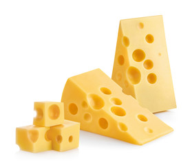 Delicious cheese pieces, isolated on white background