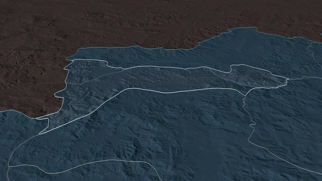 Madriz, department with its capital, zoomed and extruded on the administrative map of Nicaragua in the conformal Stereographic projection. Animation 3D