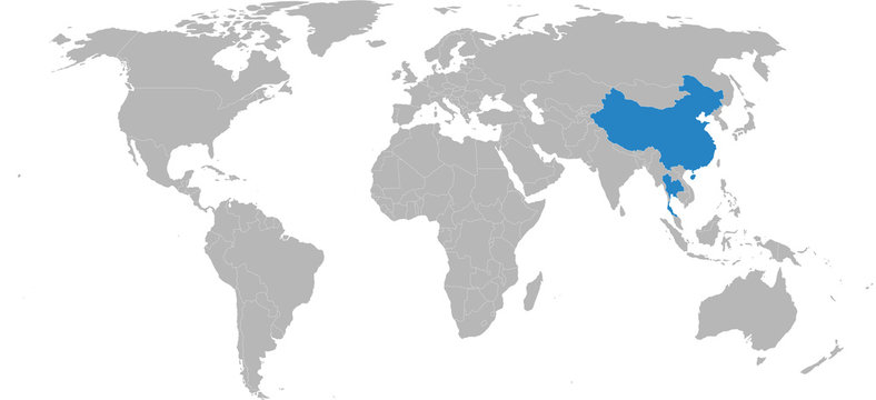 Thailand, china countries highlighted on world map. Light gray background. Business, bilateral trade relations and travel.