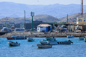 Tadjoura, Djibouti - November 09, 2019: Colorful Boats in the Tadjoura Bay Water