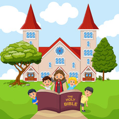 Fototapeta na wymiar Cartoon Jesus with children in a church