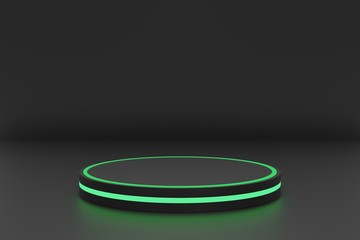 3D render, Blank black podium in dark studio with green LED light , showcase for product