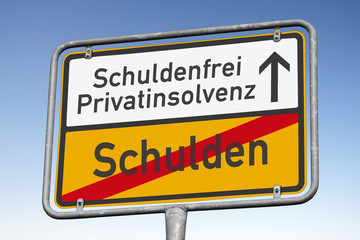 Wegweiser, stark verschuldet?, in Richtung Privatinsolvenz