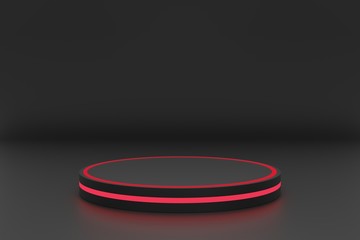 3D render, Blank black podium in dark studio with red LED light , showcase for product