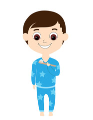A boy in blue pajamas with asterisks brushes his teeth with a toothbrush made of natural materials. The boy has brown hair and large brown eyes, he stands at full height and smiles. Cartoon style.