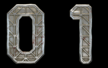 Set of numbers 0, 1 made of industrial metal on black background 3d