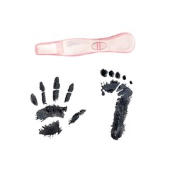 Baby's hand and legs.Positive pregnancy test.Baby feet and hand. First Birthsday.Realistic. Watercolor illustration on a white background. Newborn postcards.
