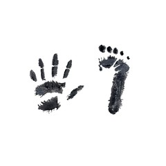 Imprint of baby feetand hand at birth. Newborn foot print.First Birthsday. Realistic. Postcard for newborn. Close up. Watercolor illustration on a white background. For cards, posters, stickers design