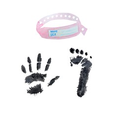 Imprint of baby hands and foot at birth. Tag braselet.Newborn postcards.Baby feet. Watercolor illustration on a white background. For invitation cards, posters, stickers and professional design.