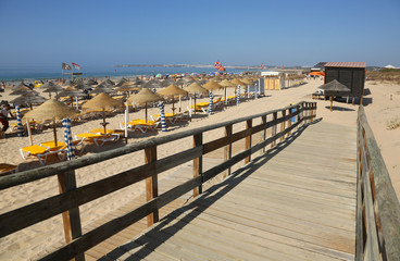 wooden walking path at the beach.