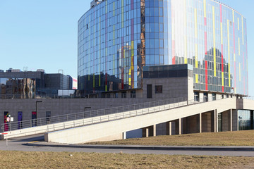 Facade of modern Business Center with glass doors