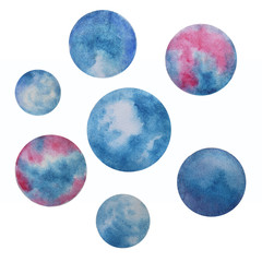 Obraz na płótnie Canvas Set of cosmic blue planets. Planets are composed of cyan and purple substances. Watercolor drawing of a fantastic space object. Aquarelle illustration isolated on white.