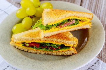 Grilled cheese sandwich with vegetable and grape.