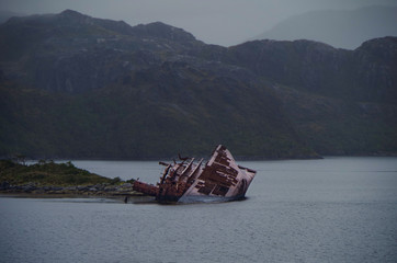 Shipwreck SS Santa Leonor or wreck of sunk ship in Chilean Fjords in Magellan Strait or Beagle...