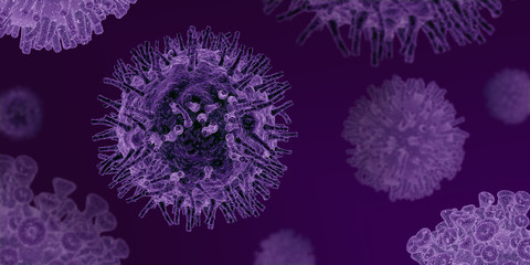 COVID-19 epidemic. Microscopic view of coronavirus cells on violet background, 3D illustration with blank space