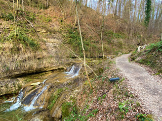 Waterfalls and cascades on the Erlenbach creek and in the Erlenbacher-Tobel ravine during early...