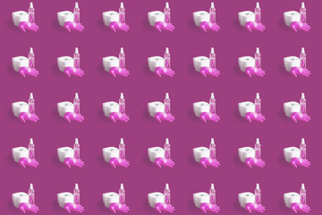 Sanitizer, a rubber glove and a toilet paper on the plain background