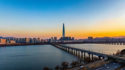 Sunset and cityscape of Seoul,Hangang river and Lotte tower best landmark in Seoul,South Korea
