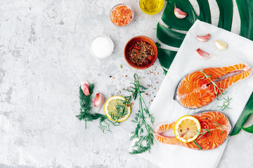 Delicious salmon steak on stone table, close-up