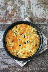 Selective focus. Hot cake in a baking dish. Cooking at home. Healthy fresh homemade cakes.