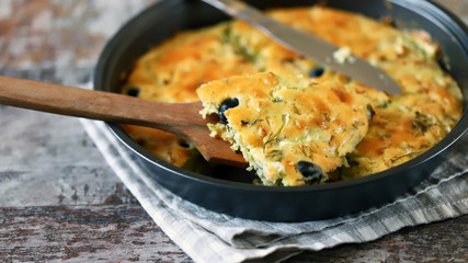 Selective focus. Hot cake in a baking dish. Cooking at home. Healthy fresh homemade cakes.