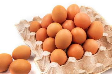 Chicken eggs on a white background in an organic box
