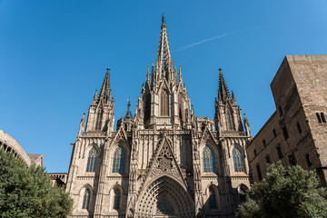 Fototapeta na wymiar Cathedral of the Holy Cross and Saint Eulalia also known as Barcelona Cathedral is a Gothic Church located in the old center of Barcelona and was built in 1448