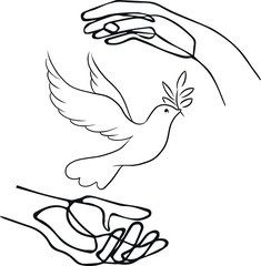 HANDS HOLDING, Beautiful line sketch dove bird vector illustration