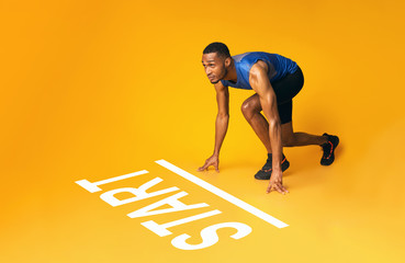 Collage of muscular black sportsman preparing for run near start line