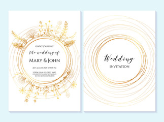 Rustic elegant wedding invitation template with gold flowers. Design layout for menu, greeting card, flyer, beauty, anniversary, baby shower, bridal boho element.