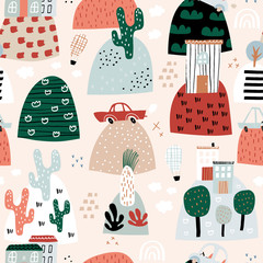 Seamless pattern with abstract city life, houses, trees, cars and floral elements. Trendy modern texture for fabric, wallpaper, textile, apparel. Vector illustration