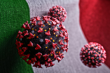Outbreak of coronavirus infection in Italy, pandemic of covid-19 disease, microbiology or virology concept, floating virus pathogen cells on the Italian flag background