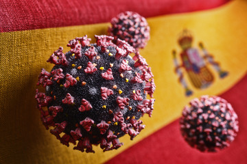 Outbreak of coronavirus infection in Spain, pandemic of covid-19 disease, microbiology or virology concept, floating virus pathogen cells on the Spanish flag background