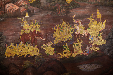 Gold color of old mural is the story of Ramakian,Generally in Thailand, any kinds of art decorated in Buddhist church, temple pavilion, temple hall, monk's house etc. created with money donated by peo