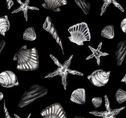 Seamless vector pattern with seashells and starfish in monochrome color on black background. Watercolor texture. Nautical background. Perfect for textile, design, wrapping and etc.