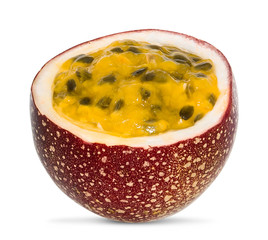 Purple passion fruit (Passiflora edulis) with cut in half isolated on white background. Clipping path.