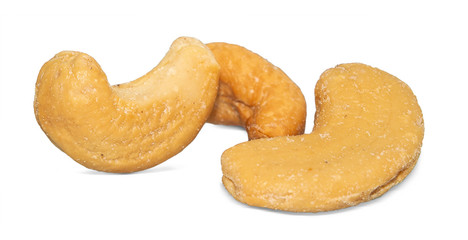 Roasted cashew nuts on white background