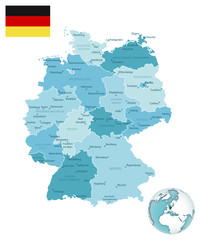 Germany administrative blue-green map with country flag and location on a globe.