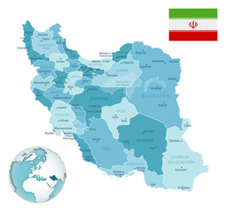 Iran administrative blue-green map with country flag and location on a globe.