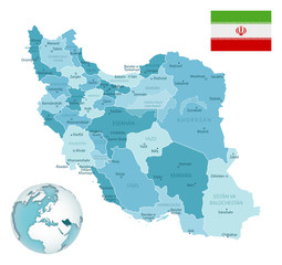 Fototapeta premium Iran administrative blue-green map with country flag and location on a globe.
