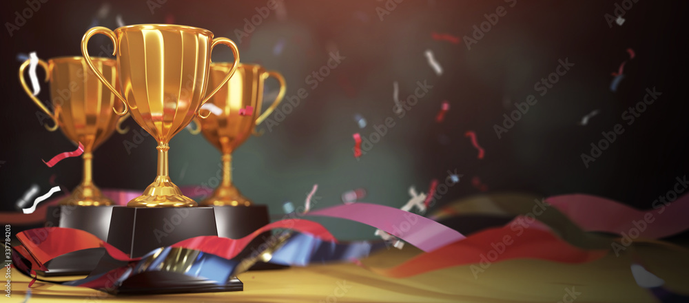 Sticker golden trophy cup with falling confetti. copy space for text. 3d rendering.